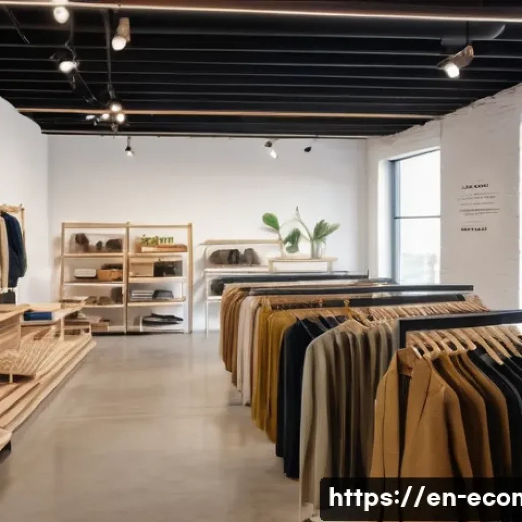 친환경 마케팅 업계 현황 - A modern eco-friendly fashion boutique interior showcasing sustainable clothing made from upcycled a...