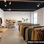 Home 20 친환경 마케팅 업계 현황 - A modern eco-friendly fashion boutique interior showcasing sustainable clothing made from upcycled a...