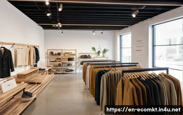 친환경 마케팅 업계 현황 - A modern eco-friendly fashion boutique interior showcasing sustainable clothing made from upcycled a...