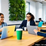 Home 18 친환경 마케팅 교육 과정 - A modern eco-friendly office environment with diverse employees actively engaged in sustainable prac...