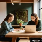 Home 23 친환경 마케팅 실습을 위한 가이드 - A modern eco-friendly brand workspace featuring a diverse team collaborating around a large wooden t...