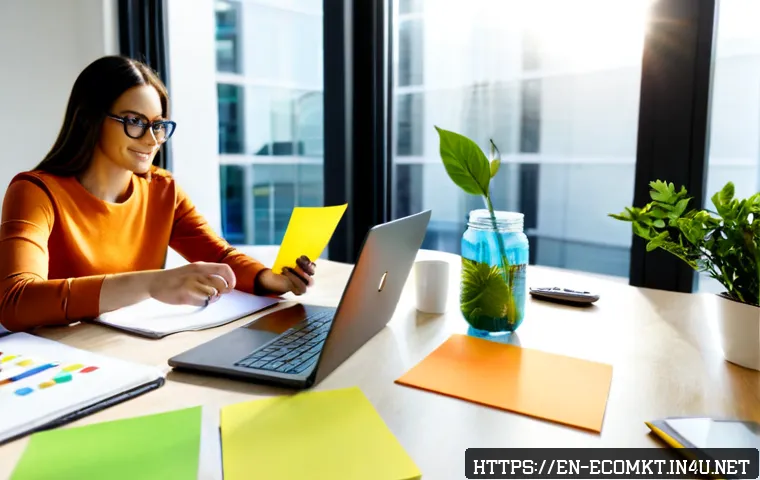친환경 마케터의 업무 프로세스 정리 - Photorealistic sustainable marketing professional reviewing a campaign workflow at a bright modern o...